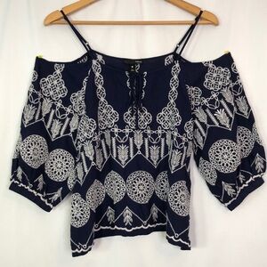 AQUA Navy Blue and White Off-Shoulder Embroidered Blouse with Tie Front Size S